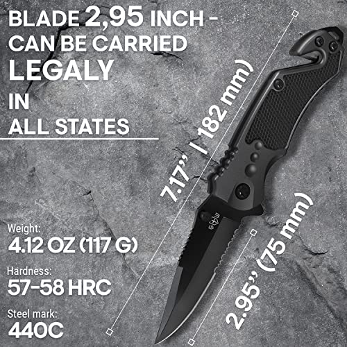 2,95” Serrated Blade Pocket Knife - Black Folding Knife with Glass Breaker and Seatbelt Cutter - Small EDC Knife with Pocket Clip for Men Women - Sharp Tactical Camping Survival Hiking Knives 6680