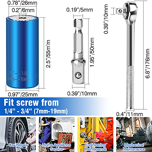 Universal Socket, Super Socket Set Self-adjusting with Power Drill Adapter and Drive Ratchet Wrench Handle, 1/4'' - 3/4'' (7-19mm) 3 Pack Grip Gadgets Cool Tool Gift for Men Dad Husband DIY Stuff,Blue