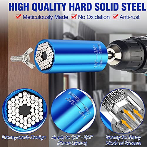 Universal Socket, Super Socket Set Self-adjusting with Power Drill Adapter and Drive Ratchet Wrench Handle, 1/4'' - 3/4'' (7-19mm) 3 Pack Grip Gadgets Cool Tool Gift for Men Dad Husband DIY Stuff,Blue