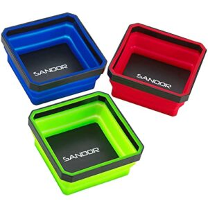 collapsible magnetic parts tray set – (pack of 3) tool trays for screw, bolts, nuts, washers, pins and other small metal parts – 4.25 inch square – red, blue, and green