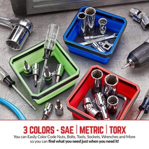 Collapsible Magnetic Parts Tray Set - (Pack of 3) Tool Trays for Screw, Bolts, Nuts, Washers, Pins and Other Small Metal Parts - 4.25 Inch Square - Red, Blue, and Green