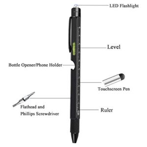 2Pcs Multi Tool Pen, Tirmrin Unique Gifts for Men, LED Light, Stylus, Ruler, Ballpoint Pen, Level, Bottle Opener, Screwdriver, Christmas, Valentines, Father's Day Cool Gadget for Him (Black)