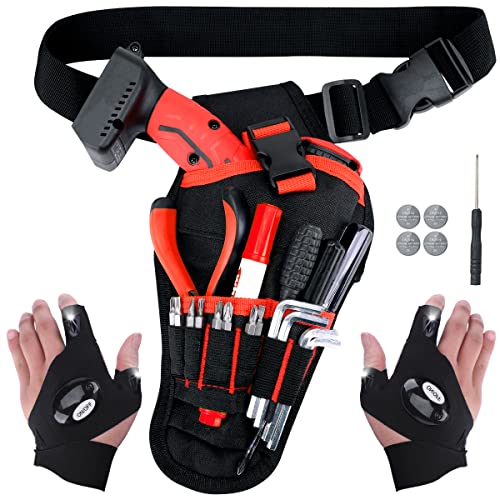 Gifts for Men, LED Flashlight Gloves & Drill Holster for Tool and Bit Storage- Christmas Tool Belts for Men Cool Stuff for Men, Portable Tool Belt Pouch Husband Stocking, Fishing Gadgets