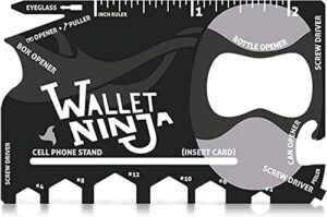 wallet ninja multitool card – 18 in 1 credit card size multi-tool for quick repairs, edc survival gear, bottle opener, camping – cool gadget and stocking stuffer with sleeve