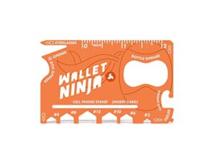wallet ninja multitool card – 18 in 1 credit card multi-tool (bottle opener, can opener, screwdrivers, phone stand & more) – orange