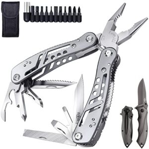 bundle of 2 items – heavy pocket knife for men – folding knife with glass breaker and pocket clip – tactical knofe – multitool 24in1 with mini tools knife pliers and 11 bits – multi tool all in one