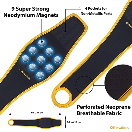 BINYATOOLS Magnetic Wristband -Black- With Super Strong Magnets Holds Screws, Nails, Drill Bit. Unique Wrist Support Design Cool Handy Gadget Gifts for Fathers, Boyfriends, Handyman, Electrician