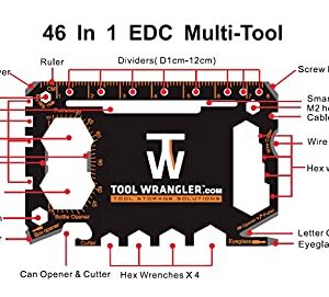 Tool Wrangler 46-in-1 EDC Credit Card Multitool - Gadget For The Wallet Or Pocket – STAINLESS STEEL - Outdoor Survival PSK - Patented Design - Multi-Function Tool For Quick Fixes - Black Edition