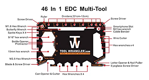 Tool Wrangler 46-in-1 EDC Credit Card Multitool - Gadget For The Wallet Or Pocket – STAINLESS STEEL - Outdoor Survival PSK - Patented Design - Multi-Function Tool For Quick Fixes - Black Edition