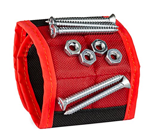 BYKES Magnetic Wristband for Holding Screws, Nuts, Nails and Bolts | Powerful Super Strong Magnetic Tool Wristband for Men and Women | Large Magnetic Wrist Tool Holder | Tool Gifts for Men | Red/Black