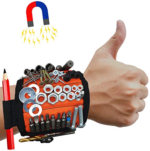 MyToolOn Magnetic Wristband with 20 Strong Magnets for Holding Screws, Nails, Drill Bits. Best Unique Tool Gift for Men, Father Dad, DIY Handyman, Husband, Boyfriend, Him, and Women, Orange.