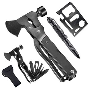 gifts for men him dad husband 15 in 1 multitool hatchet saw hammer pliers screwdrivers multitool card pen camping accessories camping axe survival gear cool gadgets for hiking hunting birthday