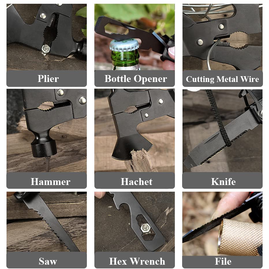 Gifts for Men Him Dad Husband 15 in 1 Multitool Hatchet Saw Hammer Pliers Screwdrivers Multitool Card Pen Camping Accessories Camping Axe Survival Gear Cool Gadgets for Hiking Hunting Birthday