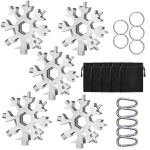 snowflake multitool, 5 pieces 18-in-1 stainless steel snowflake standard multitool, snowflake tool with key ring, carabiner clip and gift bag (silver)