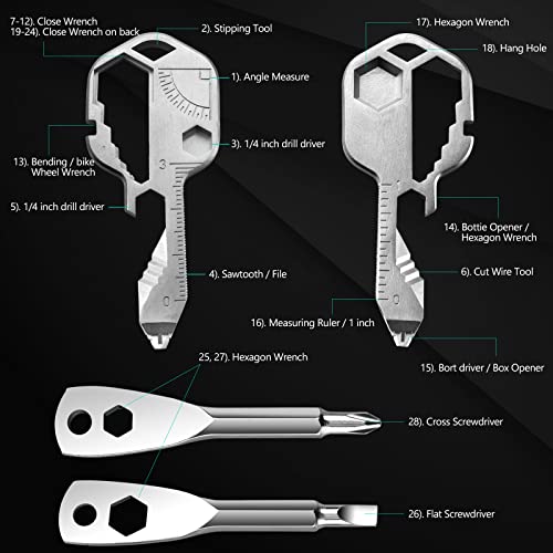 CJ FOREVER 28 in 1 Multitool Keychain, Key Shaped Pocket Tools and Gadgets, Mini Keychain Tool Drill Drive, Screwdriver, File, Wrench, Ruler, Bottle Opener, Stripping, Tools Men, Gift (Silver)