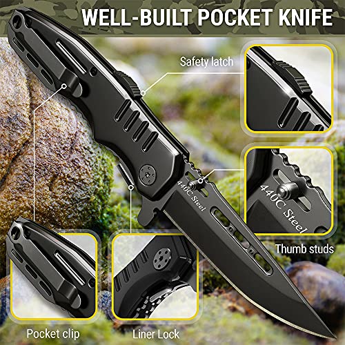 GRAND WAY Bundle of 2 Items - Pocket Folding Knife - Military Style - Boy Scouts Knife - Tactical Knife - Hobby Work Mini Knofe for Men Women - Folding EDC Knife - Kubaton Stocking Stuffers for Men