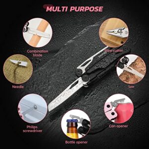 SIUPRO Pocket Multitool Knife, Folding Tactical Plier with Clip, Survival Utility Multi Tool, Gifts for Women Men Kids, All Self Locking, Cute Pink SD-9