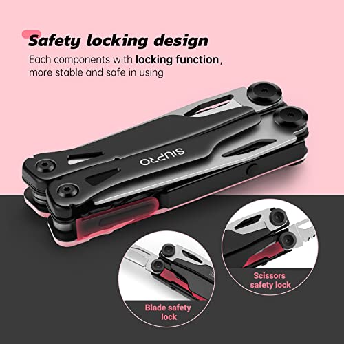 SIUPRO Pocket Multitool Knife, Folding Tactical Plier with Clip, Survival Utility Multi Tool, Gifts for Women Men Kids, All Self Locking, Cute Pink SD-9