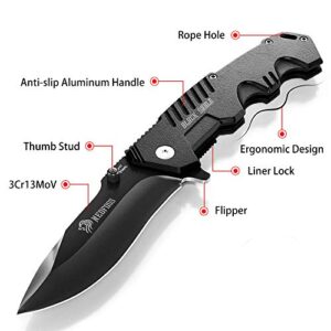 NedFoss Knifes Pocket Knives For Men, Black Coated Folding Pocket Knife, Fishing Hiking Survival Knife, with Safety Liner Lock and Belt Clip