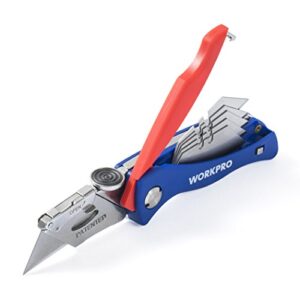 workpro folding utility knife, quick-change box cutter, blade storage in handle with 5 extra blades included
