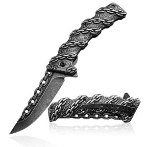 nedfoss pocket folding knife with personality, hunting knife with special design non-slip chains pattern handle, cool sharp survival edc knife, pocket knife gifts for men women