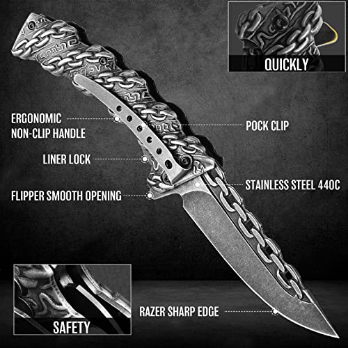 NEDFOSS Pocket Folding Knife with Personality, Hunting knife with Special Design Non-Slip Chains Pattern Handle, Cool Sharp Survival EDC knife, Pocket Knife Gifts for Men Women