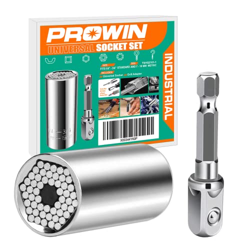 Prowin Universal Socket Set Gift for Men Dad Multi-Function 2 Pcs with Power Drill Adapter Birthday Holiday Cool Stuff Gadgets for Women Husband (7-19mm)