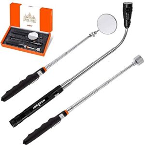 horusdy 3pcs telescoping magnetic pickup tool with led lights, 16lb pick up rod, 360 swivel adjustable inspection mirror, gadget tool for men