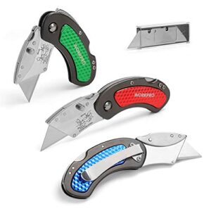 workpro folding utility knife set quick change blade, back-lock mechanism 3-piece with 10-piece extra blades