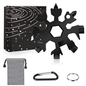 snowflake tool, standard stainless steel snowflake tool,18-in-1 snowflake wrench screwdriver with storage bag,key ring and carabiner clip,gift package (1, black)