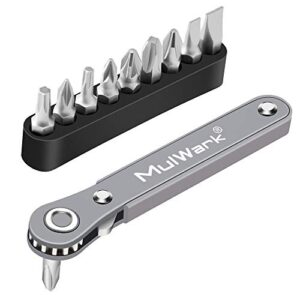mulwark 11pc 1/4 mini ratchet wrench close quarters pocket screwdriver set with high torque & low profile- micro right angle edc tool with 90 degree mini offset reversible drive handle& multi hex bit