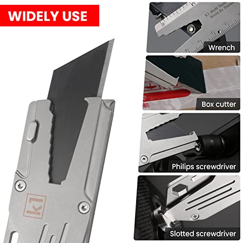 ITOKEY Multitool knife, EDC Keychain Knife with Bottle Opener, Pocket Box Cutter Utility Knife, Wrench, Pry Bar Tool, Ruler, Screwdriver, Extra 10 Razor Blades and Small Hex Bit, Multi Tool for Men