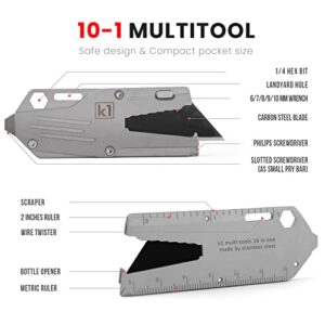 ITOKEY Multitool knife, EDC Keychain Knife with Bottle Opener, Pocket Box Cutter Utility Knife, Wrench, Pry Bar Tool, Ruler, Screwdriver, Extra 10 Razor Blades and Small Hex Bit, Multi Tool for Men