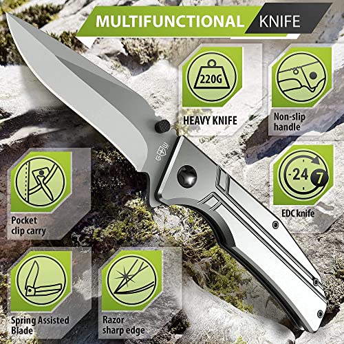 Bundle of 2 Items - 3,5" Blade Pocket Knife - Sharp Folding Knives for Men Women - Tactical Survival Camping Hunting Knofe - Best Pocket Knife for Urban Work Hobby Unboxing - Stocking Stuffers