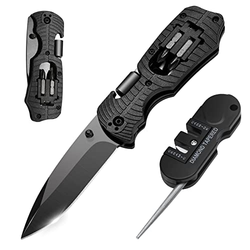 GODCRAE Gifts for Men Dad, Pocket Multitool Knife with 1/4-Inch Hex Drive, 2 Flathead Bits 2 Crosshead Bits Whetstone Unique Gifts for Christma Birthday Valentines Day Fathers Day