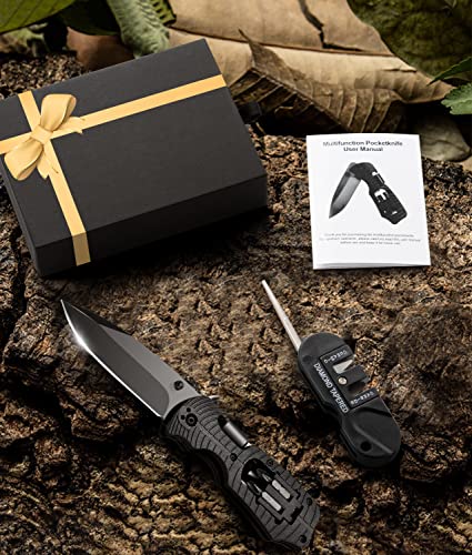 GODCRAE Gifts for Men Dad, Pocket Multitool Knife with 1/4-Inch Hex Drive, 2 Flathead Bits 2 Crosshead Bits Whetstone Unique Gifts for Christma Birthday Valentines Day Fathers Day