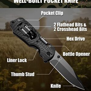 GODCRAE Gifts for Men Dad, Pocket Multitool Knife with 1/4-Inch Hex Drive, 2 Flathead Bits 2 Crosshead Bits Whetstone Unique Gifts for Christma Birthday Valentines Day Fathers Day