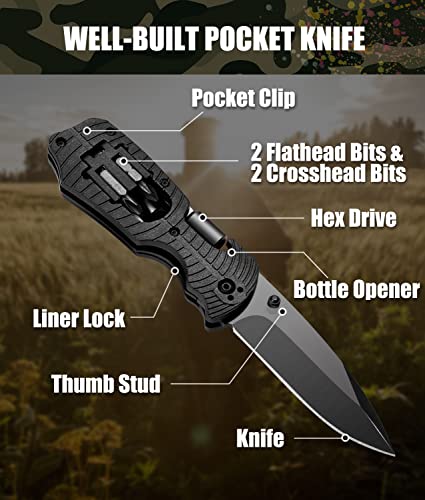 GODCRAE Gifts for Men Dad, Pocket Multitool Knife with 1/4-Inch Hex Drive, 2 Flathead Bits 2 Crosshead Bits Whetstone Unique Gifts for Christma Birthday Valentines Day Fathers Day