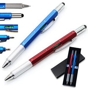 ankaful multi tool pen with gift box, 6 in 1 multifunctional gadget pen with stylus, flat and phillips screwdriver bit, ruler, level gauge, ballpoint pen unique gifts for men dad(2 pcs-red&blue)