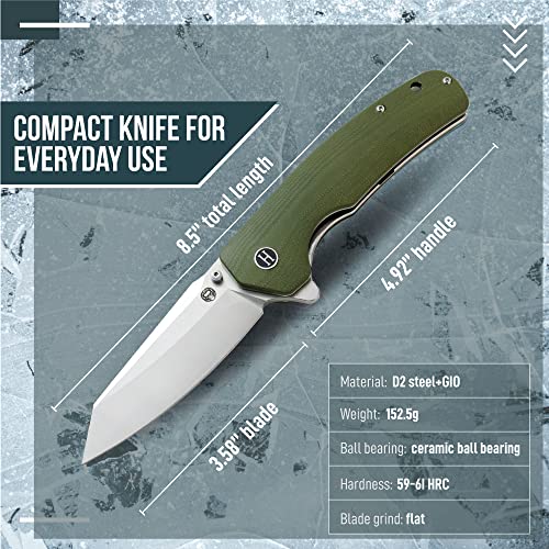 Holtzman's Gorilla Survival Folding Knife D2 Steel Blade G10 Tactical Handle Pocket Folding Knife EDC Giftset for Men (Silver and Green)