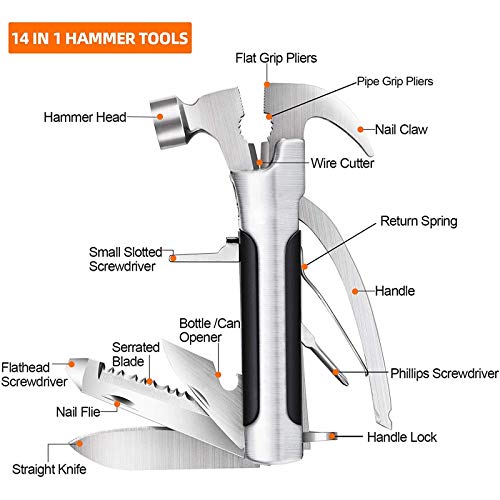 S5E5X Stainless Steel Small Hammer Multitool, Gifts for Dad from Daughter Son, Cool Gadget Stocking Stuffers for Men, All in One Tools (Sliver)