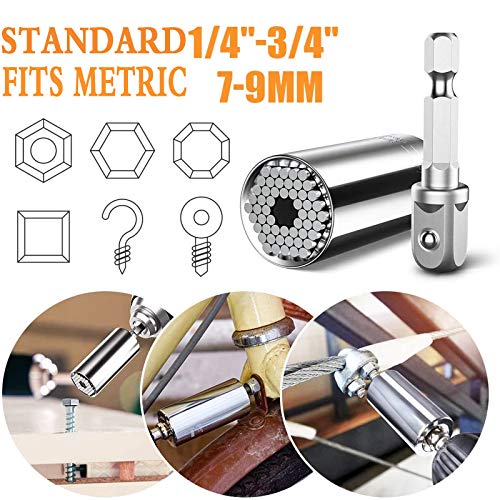 Stocking Stuffers Universal Socket-Multi-function Tools Socket Set，Power Drill Adapter, Steel Super Universal Socket Grip Gadgets for Men,Husband,Boyfriend 1/4- 3/4 (7mm-19mm) & 5/32"-1/2"（4mm-13mm）