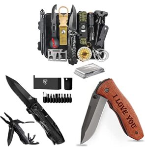 gifts for men dad husband him, survival kit 14 in 1, survival gear and equipment,pocket knife multitool,engraved wood pocket knife i love you, unique birthday gift idea for men, mens stocking stuffers