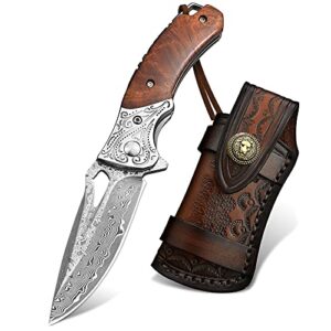 nedfoss damascus pocket knife for men, handmade forged vg10 damascus steel blade folding knife with retro leather sheath, wood handle, pocket clip, liner lock, excellent gifts for men (pattern bloster)