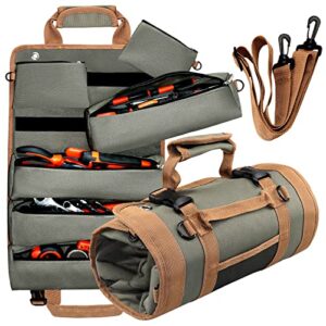 upgraded tool roll up bag, 20″ roll up tool bag, roll up tool organizer with 3 detachable pouches & shoulder strap, multi-purpose tool roll pouch for motorcycle/truck/mechanic/electrician