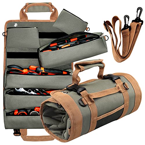 Upgraded Tool Roll Up Bag, 20" Roll Up Tool Bag, Roll Up Tool Organizer with 3 Detachable Pouches & Shoulder Strap, Multi-Purpose Tool Roll Pouch for Motorcycle/Truck/Mechanic/Electrician