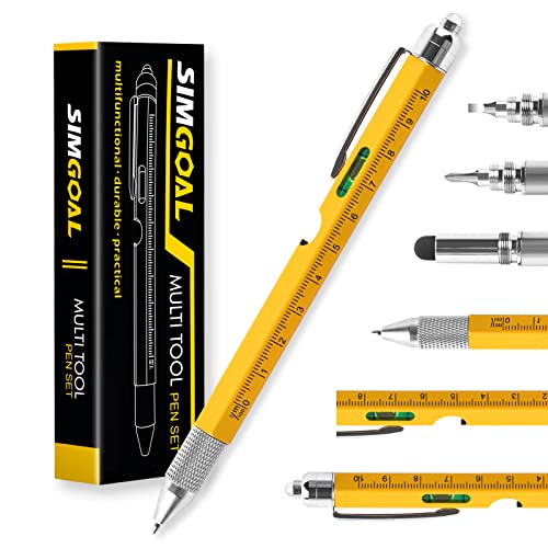 SIMGOAL 9 in 1 Multi-tool Pen-Yellow,Unique Gifts for Dad-Ruler, Level, LED Light, Ballpoint pen, Flat/Phillips Screwdriver, Bottle opener and stylus.