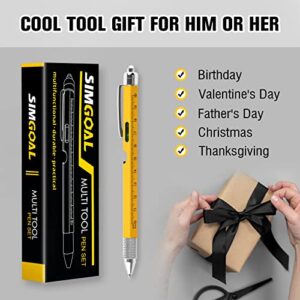 SIMGOAL 9 in 1 Multi-tool Pen-Yellow,Unique Gifts for Dad-Ruler, Level, LED Light, Ballpoint pen, Flat/Phillips Screwdriver, Bottle opener and stylus.