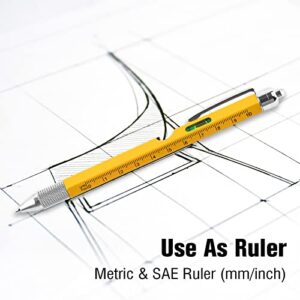 SIMGOAL 9 in 1 Multi-tool Pen-Yellow,Unique Gifts for Dad-Ruler, Level, LED Light, Ballpoint pen, Flat/Phillips Screwdriver, Bottle opener and stylus.