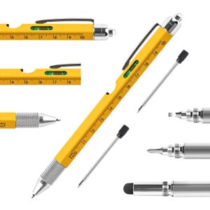 SIMGOAL 9 in 1 Multi-tool Pen-Yellow,Unique Gifts for Dad-Ruler, Level, LED Light, Ballpoint pen, Flat/Phillips Screwdriver, Bottle opener and stylus.